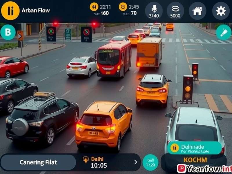 Urban Flow Pro gameplay showing a busy Indian street with autos, buses, and a traffic signal being managed